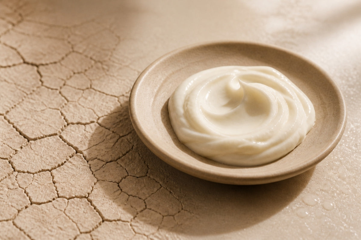 A swirl of rich barrier-repair face cream on a ceramic dish beside cracked, dry texture