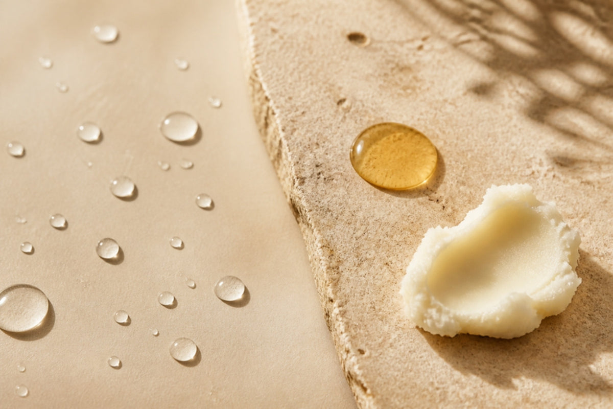Water droplets beside a drop of facial oil and shea butter, showing dehydrated versus dry skin