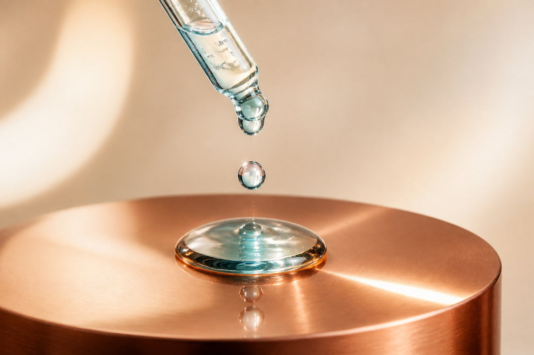 A drop of copper peptide serum falling from a glass dropper onto polished copper