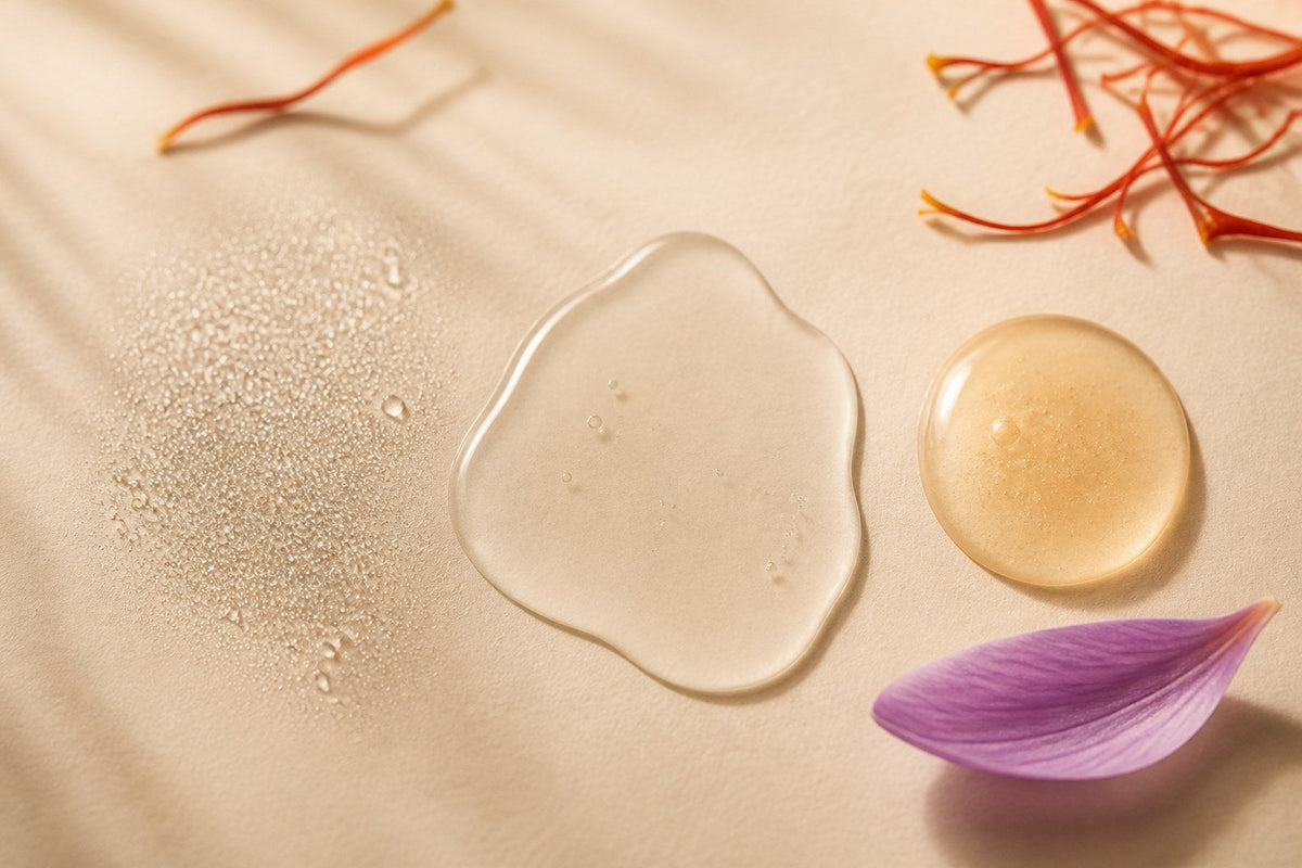 Toner mist, essence and serum textures side by side with saffron threads