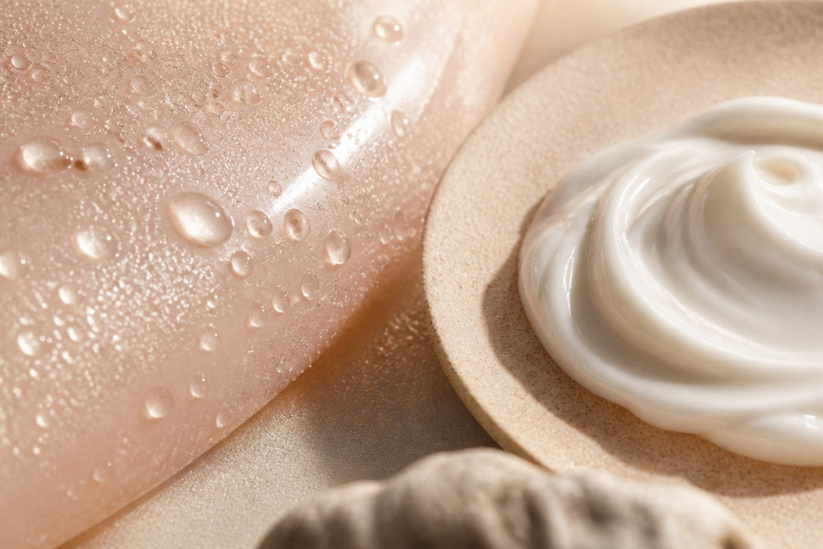 Water droplets on dewy skin beside a swirl of rich face cream, showing hyaluronic acid hydration