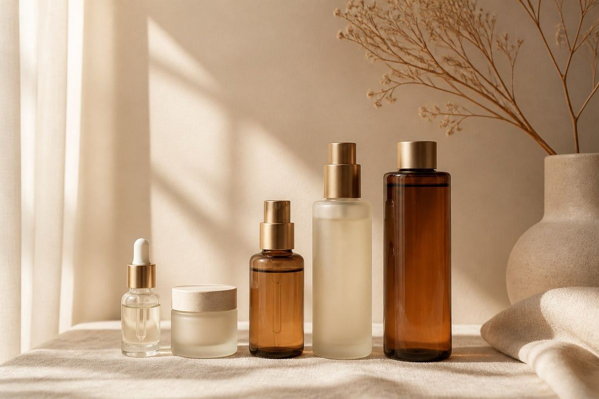 Skincare bottles arranged from smallest to tallest on cream linen, illustrating skincare routine order