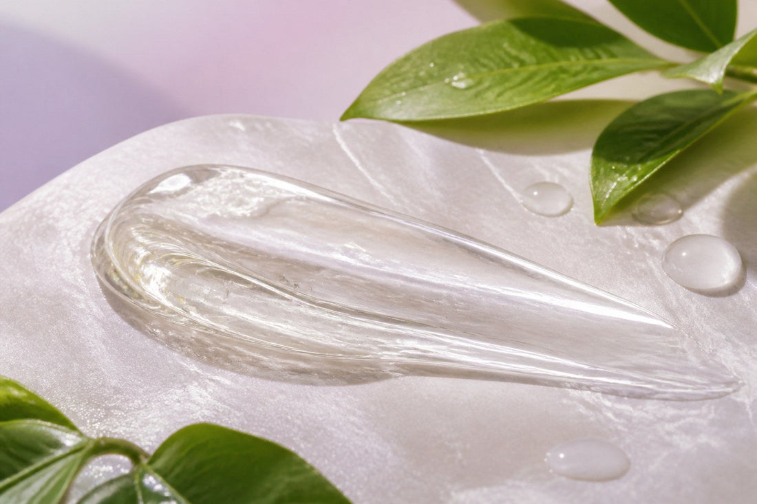 Glossy clear snail mucin essence texture swatch with green leaves and water droplets