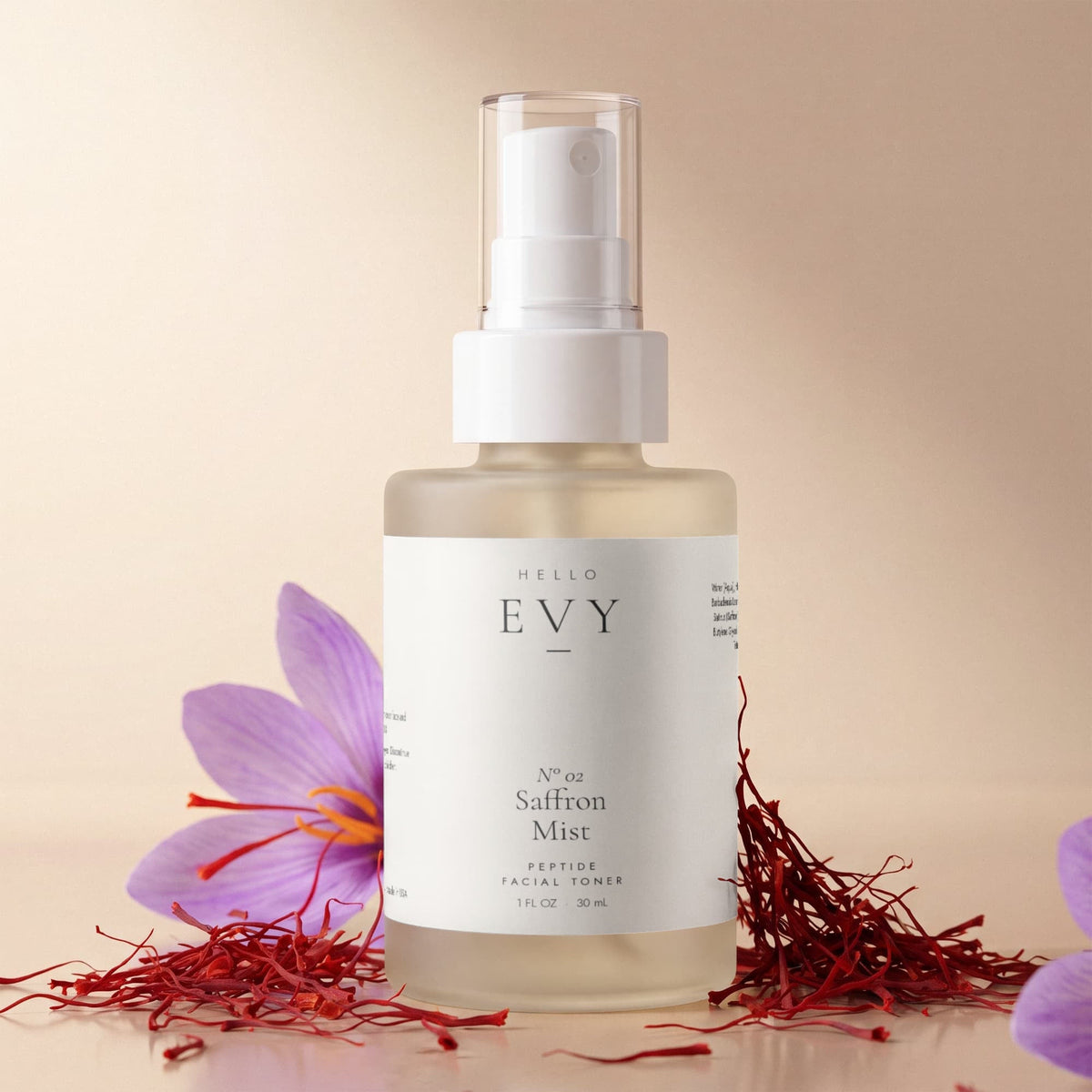 N° 02 Saffron Mist spray bottle with saffron crocus flowers and saffron threads