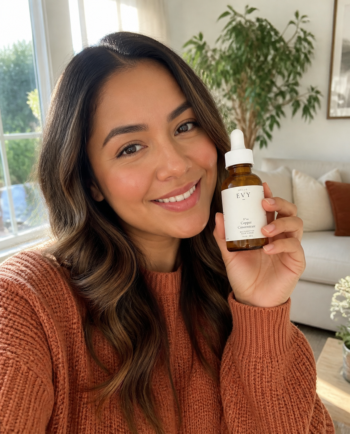 Smiling customer with Hello Evy No. 04 Copper Concentrate serum