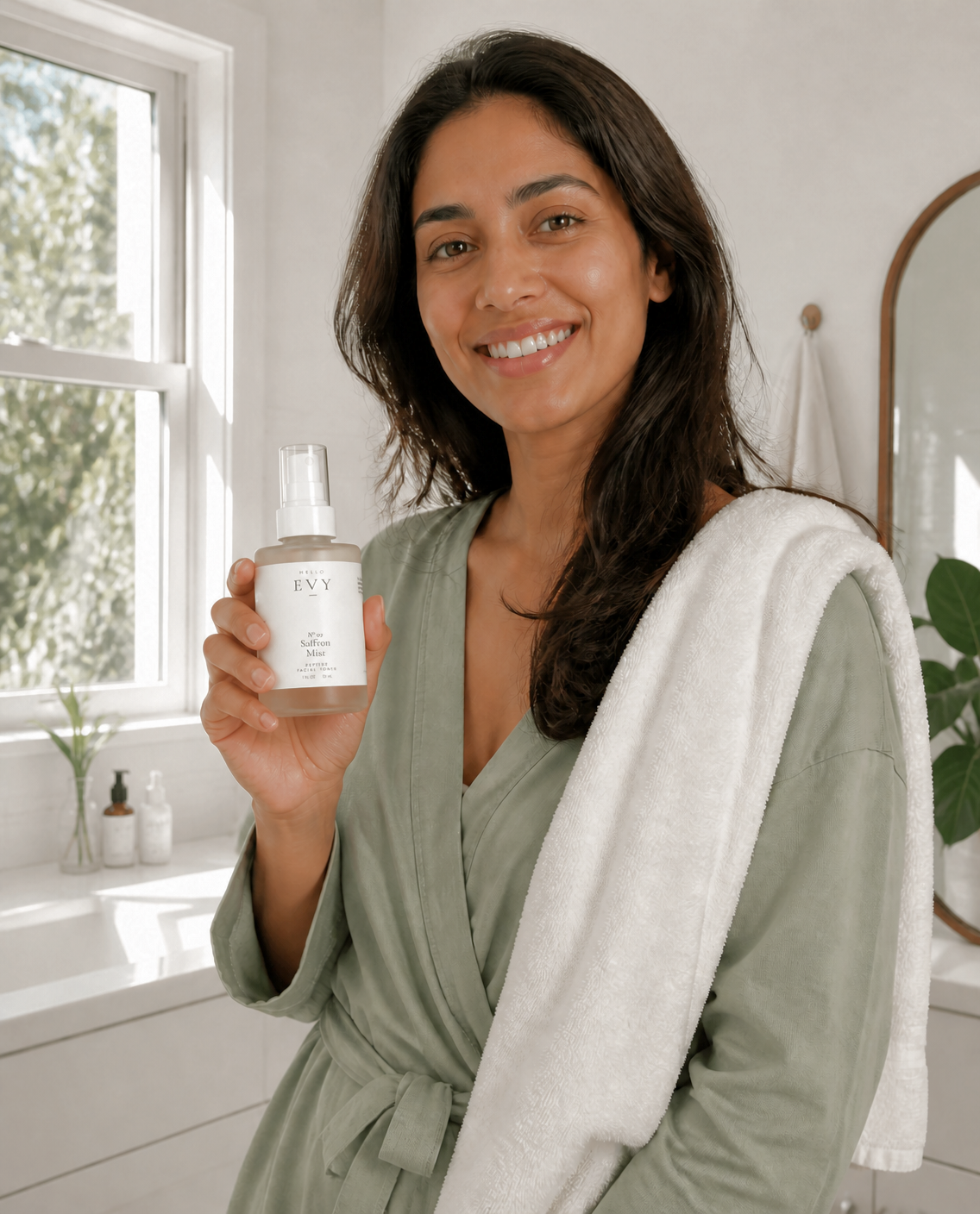 Customer in bathroom holding Hello Evy No. 02 Saffron Mist facial toner